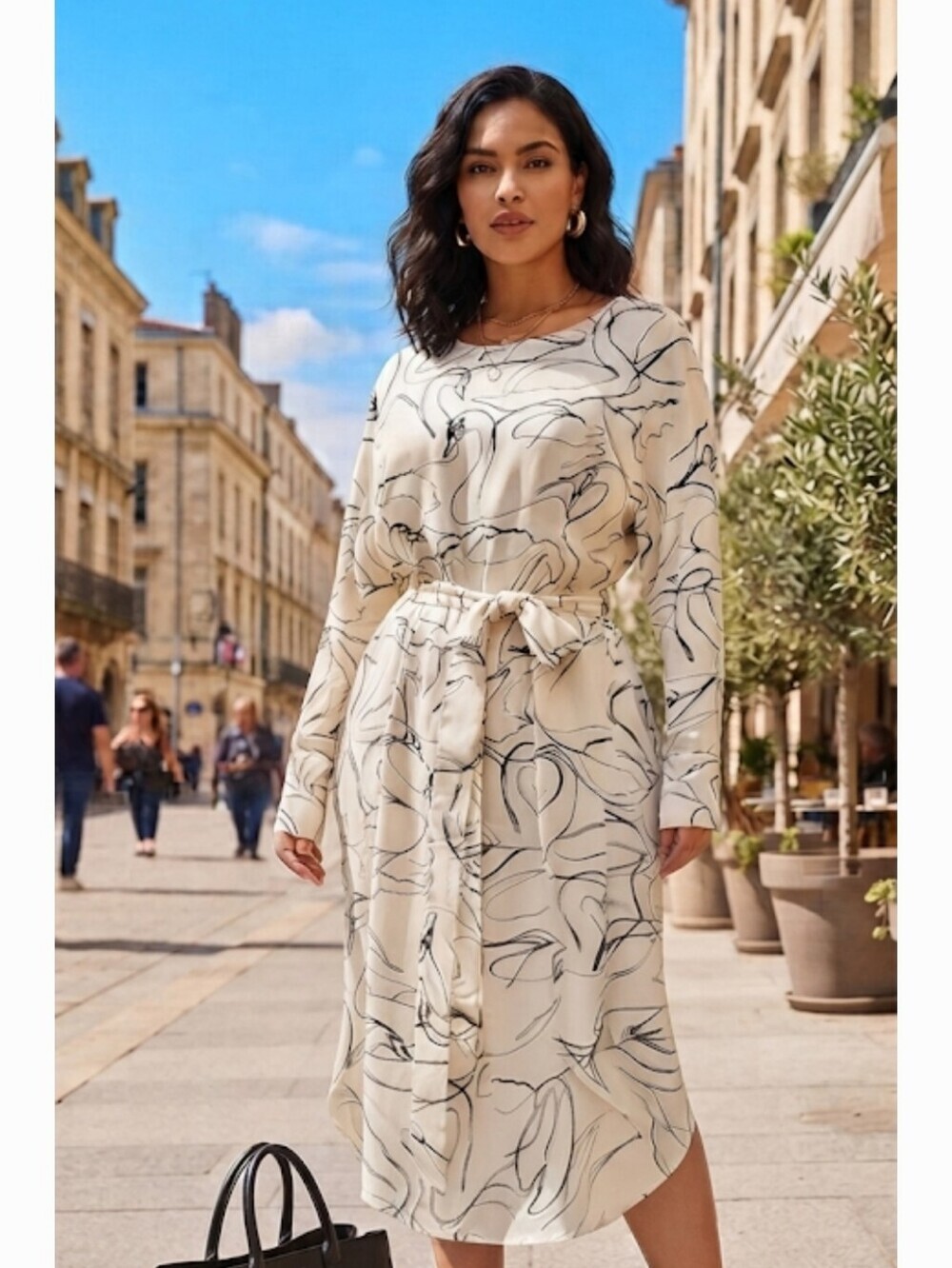 H&M Cream Dreses with Black Swan Line Art